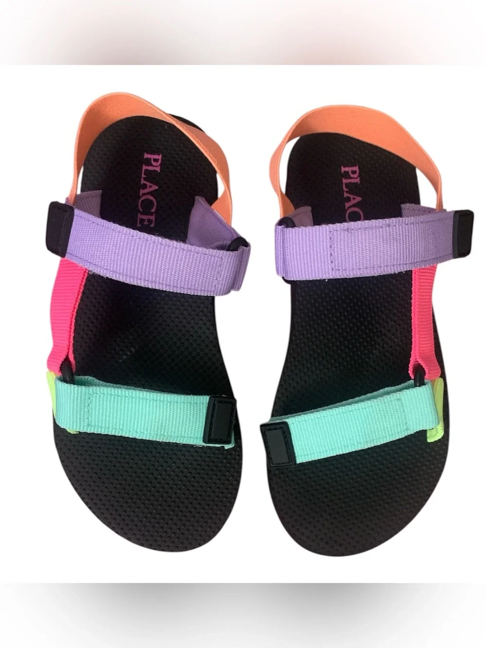 The Children's Place Black Sandals with Pink and Purple Velcro Straps Girl 13